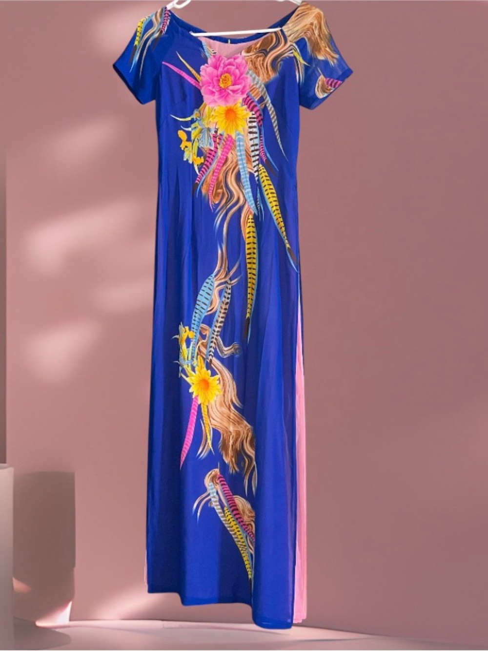 Blue & Pink Floral & Feather Print Custom-made Maxi Áo Dài Tunic Dress XS/S